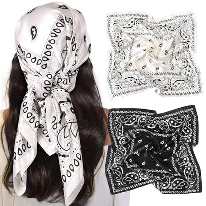 AWAYTR 35” Large Satin Square Head Scarf - 2Pcs Silk Like Floral Head Scarves Square Satin Hair Scarf Bandanas for Women - color: Cashews (Black+white)