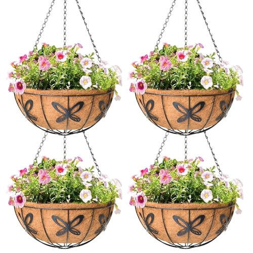 4 Pack 14 Inch Hanging Baskets for Plants Outdoor Metal Hanging Planter Hanging Flower Baskets with Coco Fiber Liners Chain Round Wire Plant Holder Hanging Flower Pots(Butterfly) - size: 14 Inch, style: Butterfly