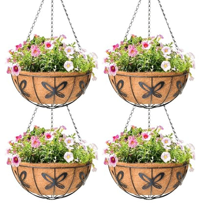 4 Pack 14 Inch Hanging Baskets for Plants Outdoor Metal Hanging Planter Hanging Flower Baskets with Coco Fiber Liners Chain Round Wire Plant Holder Hanging Flower Pots(Butterfly) - size: 14 Inch, style: Butterfly