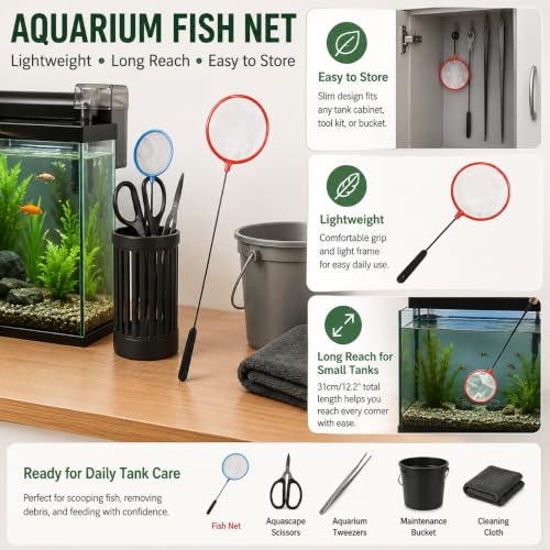 Aquarium Fish Net, 7.6 cm Fine Mesh, Small Tank Skimmer, with 23 cm Long Handle Aquarium Net Fine Mesh Small