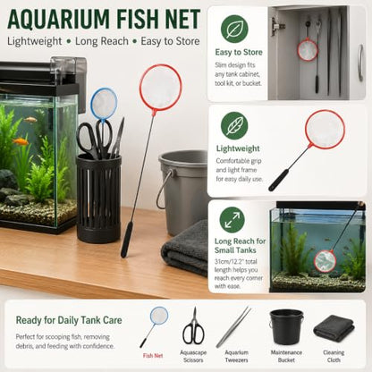 Aquarium Fish Net, 7.6 cm Fine Mesh, Small Tank Skimmer, with 23 cm Long Handle Aquarium Net Fine Mesh Small