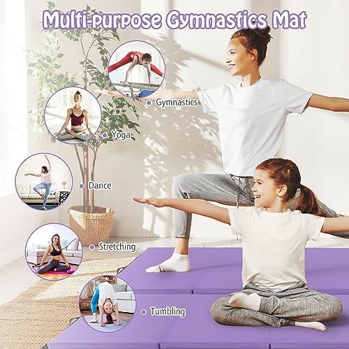 GYMAX Gymnastics Mat, 4 FT x 8 FT x 2 Inches Folding Exercise Mat w/Carry Handles & Sturdy Stitching Waterproof Cover, Tumbling Mat for Yoga Stretching Martial Arts Home Gym - color: Purple