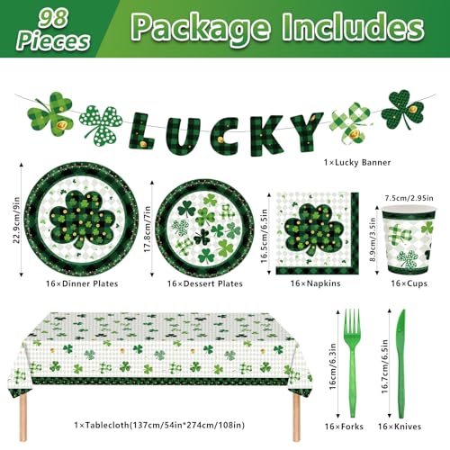 98PCS St Patrick's Day Party Supplies Green Irish Shamrock Tableware Set Lucky Shamrock Birthday Party Supplies St Patrick's Day Party Decorations Irish Shamrock Paper Plates and Napkins for 16 Guests - style: St. Patrick's Day