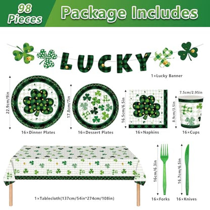 98PCS St Patrick's Day Party Supplies Green Irish Shamrock Tableware Set Lucky Shamrock Birthday Party Supplies St Patrick's Day Party Decorations Irish Shamrock Paper Plates and Napkins for 16 Guests - style: St. Patrick's Day