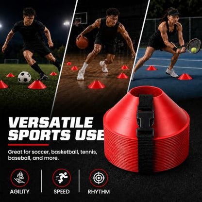 American Challenge Large Disc Cones – Set of 6 Agility Cones for Sports Training – Compact Soccer Cones with Carry Strap for Drills & Practice - color: Red