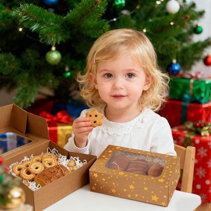 24 Pack Christmas Cookie Boxes,Gold Star Bakery Boxes with Window (9x6x3 Inch),Sturdy Pastry Boxes for Baked Goods,Treat Box for Holiday Gift Exchange, Cookie Tins with Lids for Gift Giving - color: Gold Star-Brown