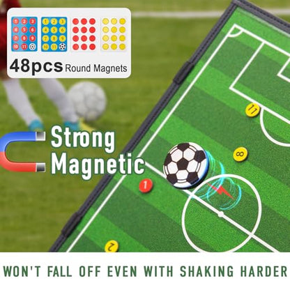 WISYOK Leather Covered Magnetic Soccer Lineup Board, Foldable and Portable Clipboard for Coaches with 48 Cards, 2 Markers, 4 Hooks and 1 Organizer Bag - style: Soccer Leather