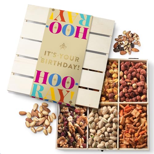 Happy Birthday Food Gift Basket, Healthy Nut Gift Tray, Birthday Snack Treat in Reusable Wooden Crate, Gourmet Assorted Food Delivery, Birthday Snack Box, For Men, Women and Families, Bonnie & Pop - style: Birthday
