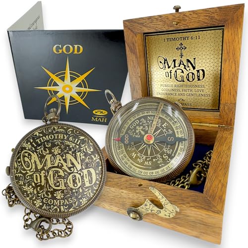 Handmade Religious Brass Compass Gift with Engraved & Embossed Faith Messages – Inspirational Christian Religious Gift Keepsake for Baptism, Confirmation, Christening, First Communion or Christmas - style: Man of God – Edition 1