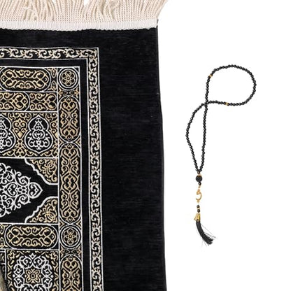 Kaaba Door Islamic Prayer Rug, Embroidered Velvet Janamaz Sajadah - color: Black Kaaba Wall