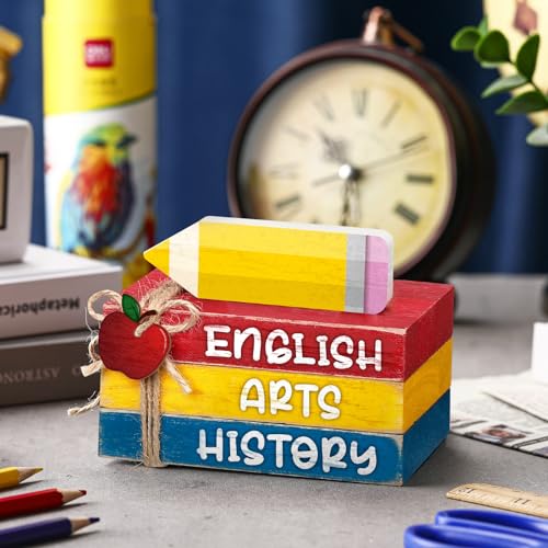 4 Pcs Back to School Table Decorations Mini Wooden Pencil Books Stacks Subject Signs First Day of School Tiered Tray Decorations Decorative Trays for Office Shelf Classroom Tabletop Desk Shelf - style: Pencil