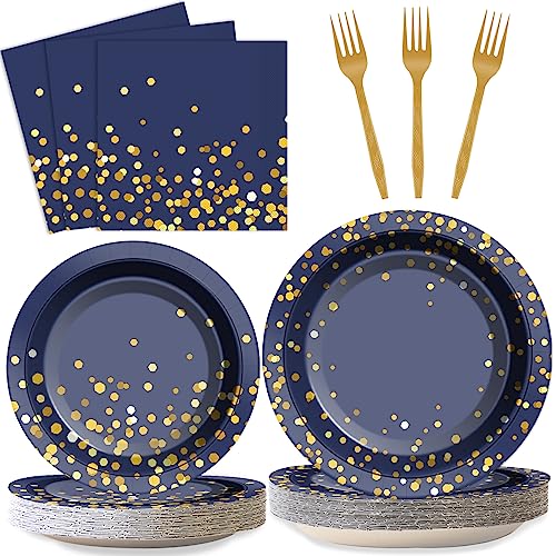 96 Pcs Blue and Gold Party Plates Napkins Tableware Set Navy Gold Dot Supplies Disposable Dinnerware Blue Birthday Party Decoration Favors for Wedding Bridal Baby Shower Graduations Party, 24 Guests - style: Gold Dot Party