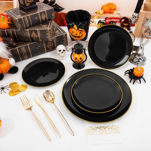 MirthMood 350Pcs Black and Gold Disposable Plates,Black Plates, Black and Gold Plates Include 30 Dinner,Dessert Plate,30 Cup&30 Napkins, 90 Gold Silverware for Wedding & Party & Birthday - color: Black, size: 350