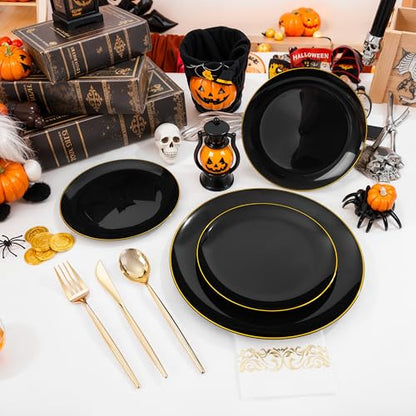 MirthMood 350Pcs Black and Gold Disposable Plates,Black Plates, Black and Gold Plates Include 30 Dinner,Dessert Plate,30 Cup&30 Napkins, 90 Gold Silverware for Wedding & Party & Birthday - color: Black, size: 350