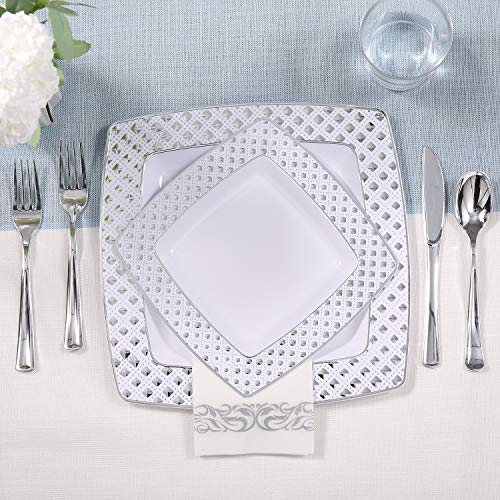 FOCUSLINE 175 Count Silver Dinnerware Set for 25 Guests, Disposable Square Plastic Plates with Diamond Rim, Includes 25 Dinner & Dessert Plates, Napkins, Cups, Cutlery Set for Wedding Parties - color: Silver Diamond Rim Plates