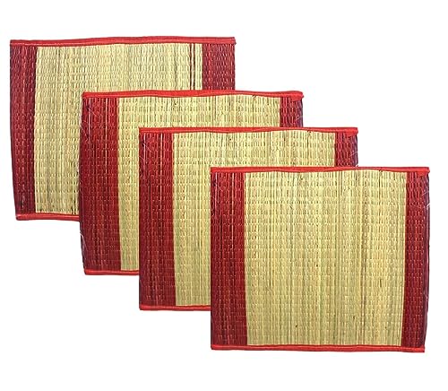 Handmade Natural Kusha Grass Pooja Aasan - Traditional Sitting Mat for Puja, Meditation & Temple - Eco-Friendly Floor Chatai with Woven Border (Pack of 2)