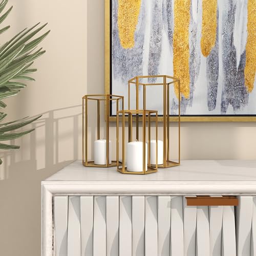 CosmoLiving by Cosmopolitan Glass Decorative Candle Lantern with Metal Plate, Set of 3 6", 8", 10"H, Gold - size: 3 PIECES SMALL SIZE