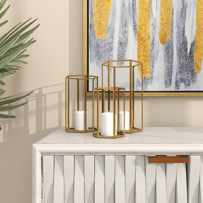 CosmoLiving by Cosmopolitan Glass Decorative Candle Lantern with Metal Plate, Set of 3 6", 8", 10"H, Gold - size: 3 PIECES SMALL SIZE