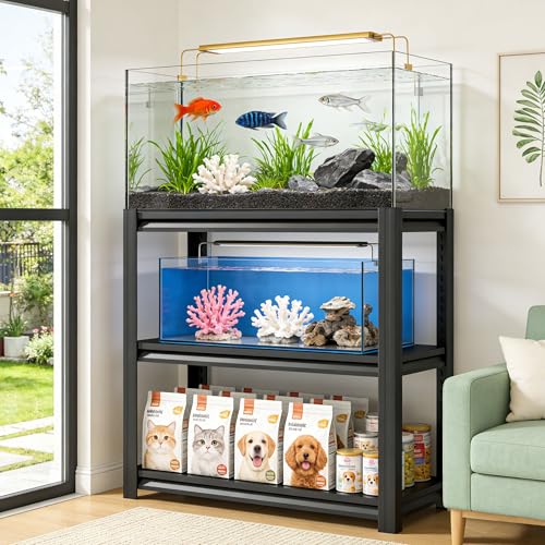 HRVEOCEI 20-30 Gallon Fish Tank Stand - Metal Aquarium Stand with Adjustable shelf, Heavy Duty Fish Tank Table/ 3-Layer Storage Design for Home Office, 400 LBS Capacity, Tank Not Included (Black 2) - color: Black 2