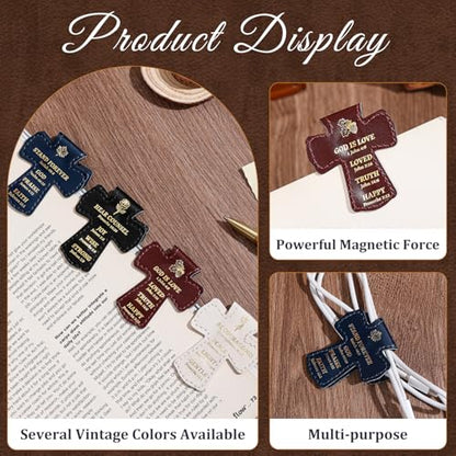 4 PCS Cross Shaped PU Leather Magnetic Bookmarks, Christian Bible Verse Clips with Gold Foil Stamping & Faith Quotes, Leather Book Markers, Religious Gift for Readers, Students & Church Members - style: Christian Bible Verse