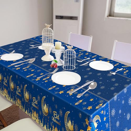 Iceyyyy 4 Pcs Ramadan Party Supplies Decoration Set-108"x54" Disposable Ramadan Mubarak Tablecloth & 32.8Ft Banner-Blue Eid Celebration Decoration for Muslim Ramadan Picnic Home Kitchen Party