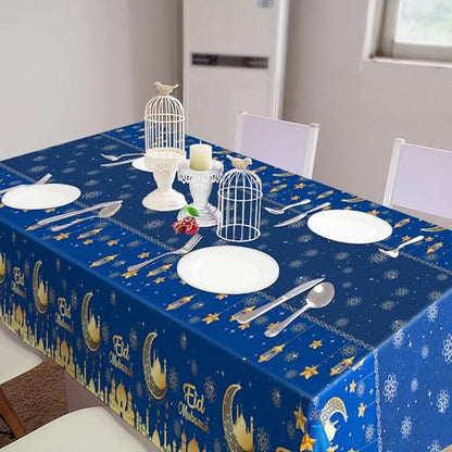 Iceyyyy 4 Pcs Ramadan Party Supplies Decoration Set-108"x54" Disposable Ramadan Mubarak Tablecloth & 32.8Ft Banner-Blue Eid Celebration Decoration for Muslim Ramadan Picnic Home Kitchen Party