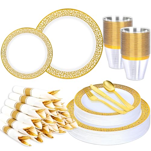 140Pcs Gold Plastic Dinnerware for 20 Guests,Gold Lace Disposable Plasticc Plates Including 20 Dinner&Dessert Plates,Cups,Golden Plastic Silverware for Party,Birthday,Wedding - color: Gold, size: 20 Guests