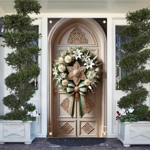 Elegant Door Cover Banner 71x35 Inch White Lily and Gold Flower Design with GreenRibbon for Wedding Party Home Holiday Decoration - color: Style 2