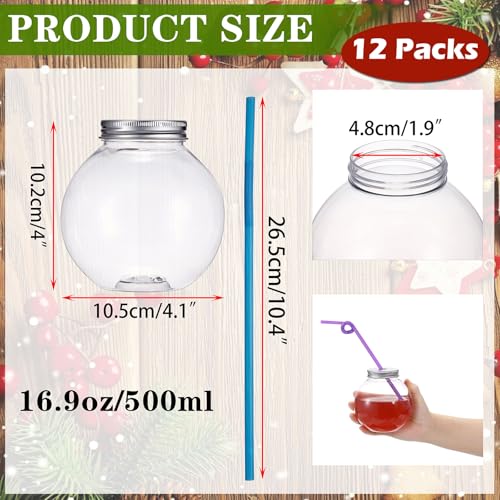 12 Packs Plastic Ivy Bowls Clear Fish Bowls with Lid and Straws, 16.9 oz Ball Shape Clear Drink Bowl Summer Drink Cups, Spherical Bulb Cups for Candy, Party Favors,Drinks