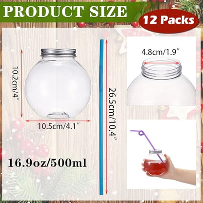 12 Packs Plastic Ivy Bowls Clear Fish Bowls with Lid and Straws, 16.9 oz Ball Shape Clear Drink Bowl Summer Drink Cups, Spherical Bulb Cups for Candy, Party Favors,Drinks