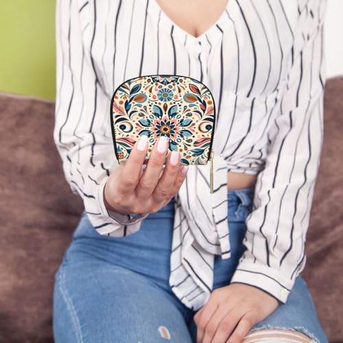 Scandinavian Folk Art RFID Blocking Semi Circle Card Holder PU Leather Zipper Wallet Pouch Keychain Bag for Women Men, Slim Small Credit Card Case Organizer with 12 Slots - color: Scandinavian Folk Art