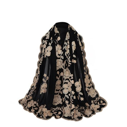 OhMill Black Hijab Scarf Soft Floral Embroidered Chiffon Headscarf Lightweight Lace Scarves Long Shawl Wrap for Women Wedding - color: Flower 1