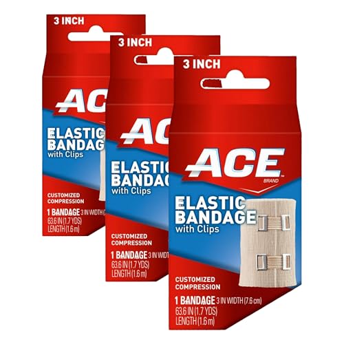 ACE 3 Inch Elastic Bandage with Clips, Beige, Great for Elbow, Ankle, Knee and More, Ideal for Sports, Comfortable Design with Soft Feel, Wash and Reuse (Pack of 3) - size: 3" (Pack of 3)