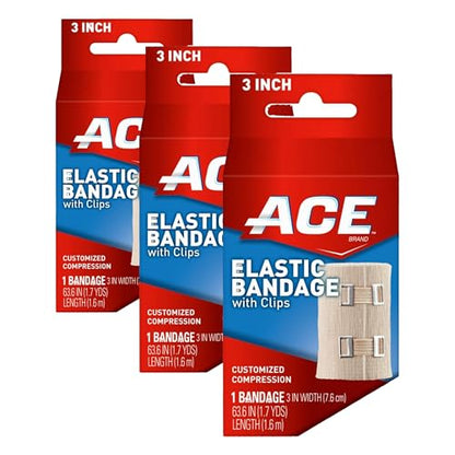 ACE 3 Inch Elastic Bandage with Clips, Beige, Great for Elbow, Ankle, Knee and More, Ideal for Sports, Comfortable Design with Soft Feel, Wash and Reuse (Pack of 3) - size: 3" (Pack of 3)