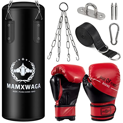 Kids Punching Bag Set Unfilled, Hanging Boxing Bag Kickboxing Bag with Boxing Gloves, Kids Boxing Set for 3-12 Years, for Youth Karate Muay Thai Kick Taekwondo Training