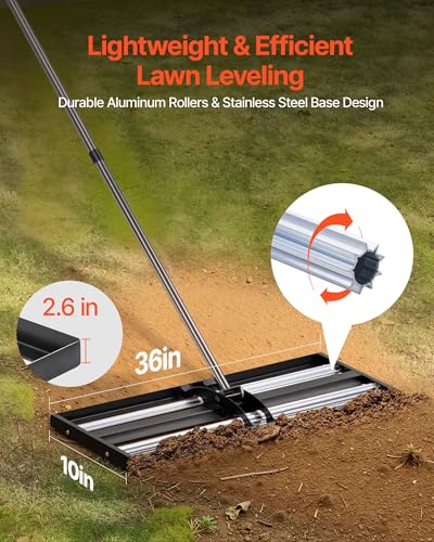 VEVOR Updated Lawn Leveling Rake with Roller, 36" x 10" Stainless Steel Lawn Leveler with 83.9" Adjustable Handle, Heavy Duty Yard Leveling Rake, Effort Saving Lawn Leveling Tool for Yard Golf Court - size: 10x36x84in (with Roller)