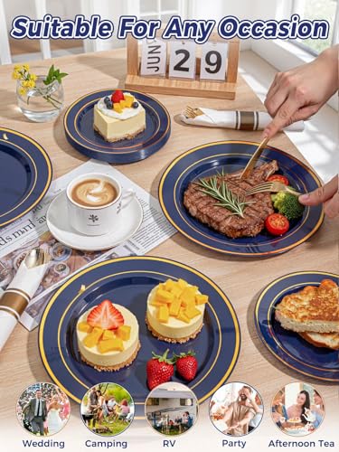 WDF Partyware 350PCS Navy Blue and Gold Plastic Plates with Rolled Napkins Include Dinner Plate 10’’, Dessert Plate 7’’, gold Cups 9 OZ, Pre Rolled Napkins for Birthday/Wedding/Party/Graduation - color: Blue and Gold, size: 350