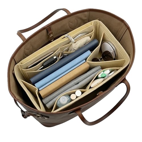 Felt Purse Organizer Insert, Lightweight Multi Pocket Shaper - color: Beige, size: SL