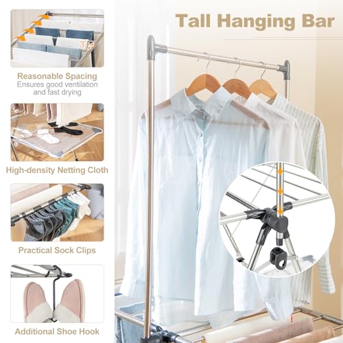 Tangkula Foldable Clothes Drying Rack, 2-Tier Laundry Drying Rack w/Tall Hanging Bar, Height Adjustable Gullwing, Freestanding Garment Stand for Indoor Outdoor Use - size: 54" x 25" x 72"