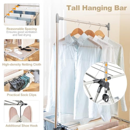 Tangkula Foldable Clothes Drying Rack, 2-Tier Laundry Drying Rack w/Tall Hanging Bar, Height Adjustable Gullwing, Freestanding Garment Stand for Indoor Outdoor Use - size: 54" x 25" x 72"