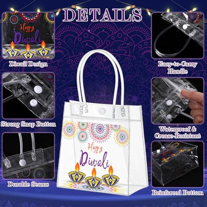 Aliceset 24 Pcs Happy Diwali Clear PVC Gift Bags with Handle, Clear PVC Diwali Goodie Bags Reusable Party Favor Bag for Indian Deepavali Party Supplies(tea Light, 6.31"x 5.91"x 3.15") - style: Tea Light