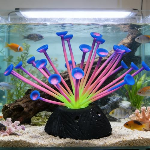 Suction Cup Anemone Aquarium Decor with Silicone Tentacles, Realistic Coral Reef Ornament for Saltwater and Freshwater Fish Tanks, Flexible Habitat for Shrimp, Invertebrates & Aquascaping (Blue) - color: Blue