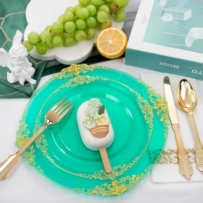 Hioasis 175pcs Clear Green Plastic Plates - Elegant Disposable Dinnerware Set Suitable for 25 Guests Include 10.25" Dinner & 7.5" Dessert Plates, Cutlery, Napkins, Cups for Party & St. Patrick's Day - color: Clear Green and Gold