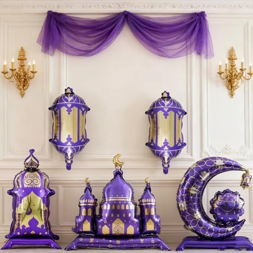 5pcs Hajj Mubarak Star Moon Aluminum Foil Balloon Set Eid Mubarak Islamic Muslim Festival Pilgrimage Party Decor Balloon - color: Purple