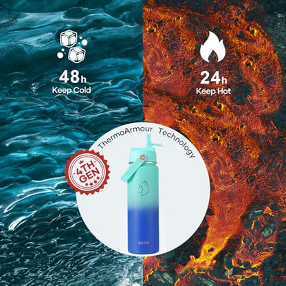 BUZIO 24 oz Insulated Water Bottle, Stainless Steel Wide Mouth Water Flask with Straw Lid, Cold for 48 Hrs Leak Proof Metal Hydro Thermo Canteen Mug, Caribbean Blue - color: Caribbean Blue, size: 24 Ounces