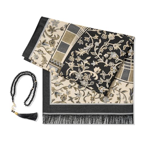 Muslim Prayer Rug with Islam Prayer Beads - Travel Prayer Mat, Islamic Gifts for Women, Portable Prayer Matt Islam, Islamic Prayer Rug Islam Men Women, Praying Mat for Muslim Gifts, Black - color: Black