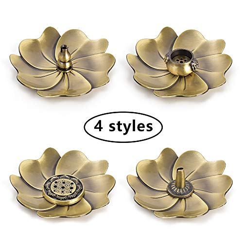Sakura Flower Incense Holder, 5PCS Bronze Incense Burner Holder with Silk Pouch, Bowl-Shape, Lotus Multihole, Cone Shape and Gourd-Shape Ash Catcher Yoga Room Living Room Bedroom Home Fragrance - color: Bronze, 5 Pcs