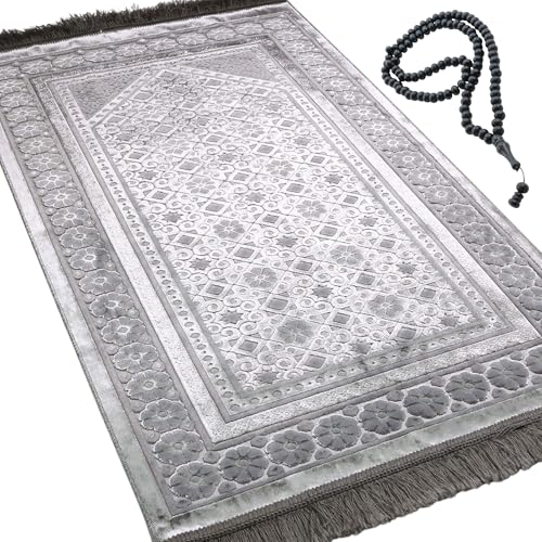 Modefa Velvet Prayer Rug - Soft Plush Turkish Janamaz Sajada Carpet for Men and Women - Plain Solid Prayer Mat Ramadan Eid Gift - with Prayer Beads - Luxury Floral Stamp (Silver Grey) - color: Silver Grey