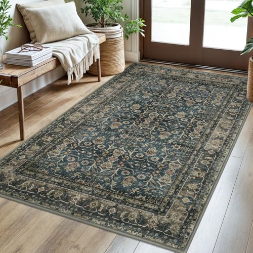 SIILOOM 3x5 Washable Area Rug for Entryway, Blue Brown Soft Tribal Floral Rug with Slip-Resistant, Low-Pile Vintage Tribal Area Rugs for Entryway Bedroom, Dorm Carpet with Non-Shedding - color: Blue/Brown, size: 3' x 5' (Rectangular)
