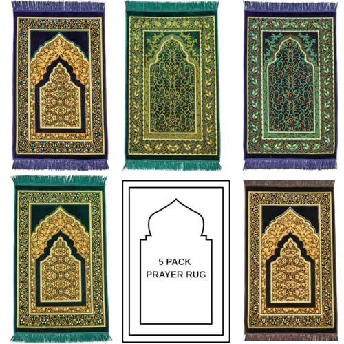 Muslim Prayer Rug, 5 Pcs, Soft Plush Thin Islamic Prayer Mat, Janamaz, Sajada, Praying Carpet, Islamic Gift for Men & Women, Islamic Ma, Eid & Ramadan Gift with Prayer Beads, 26x43 inch - color: Kaaba / 5 Mix
